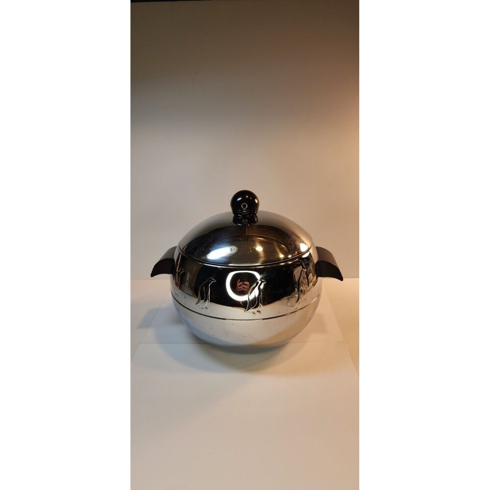 Vintage West Bend Stainless Steel PENGUIN Ice Bucket Bar Ware Wooden Handles MCM